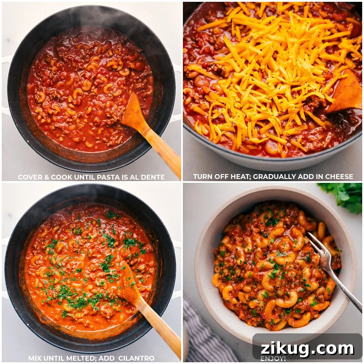 Copycat Hamburger Helper: Creamy One-Pot Ground Beef Skillet 4 Adding Cheese and Cilantro to Homemade Hamburger Helper and Serving in a Bowl