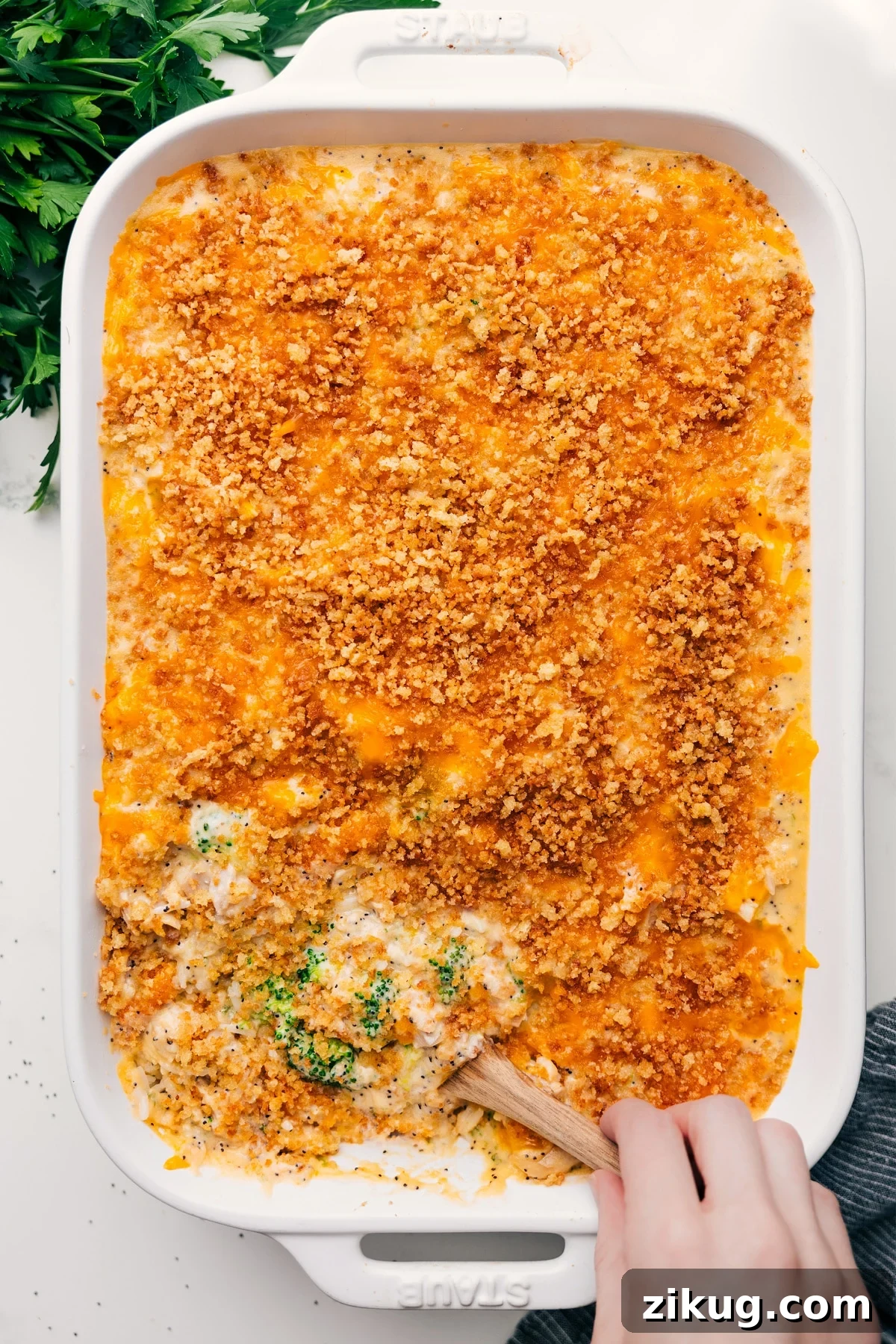 The Best Chicken Poppy Seed Casserole Poppy Seed Chicken Casserole in a baking dish with a big spoonful being served.