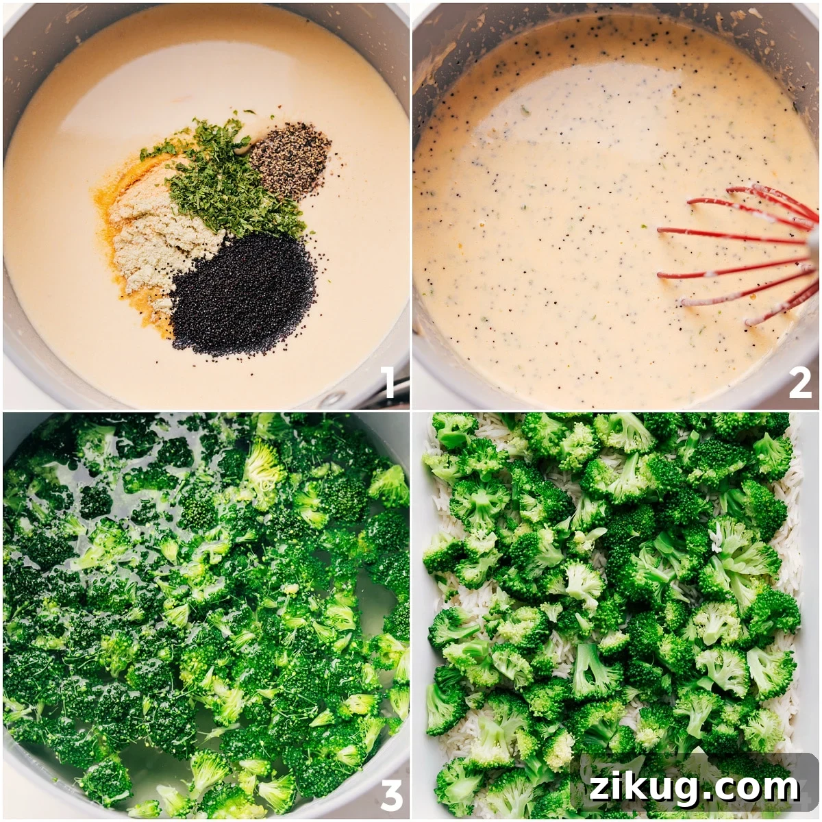 How To Make This Poppy Seed Chicken Casserole Cheesy cream sauce being whisked in a pot, broccoli cooking, and Poppy Seed Chicken Casserole being layered in a 9x13-inch pan.