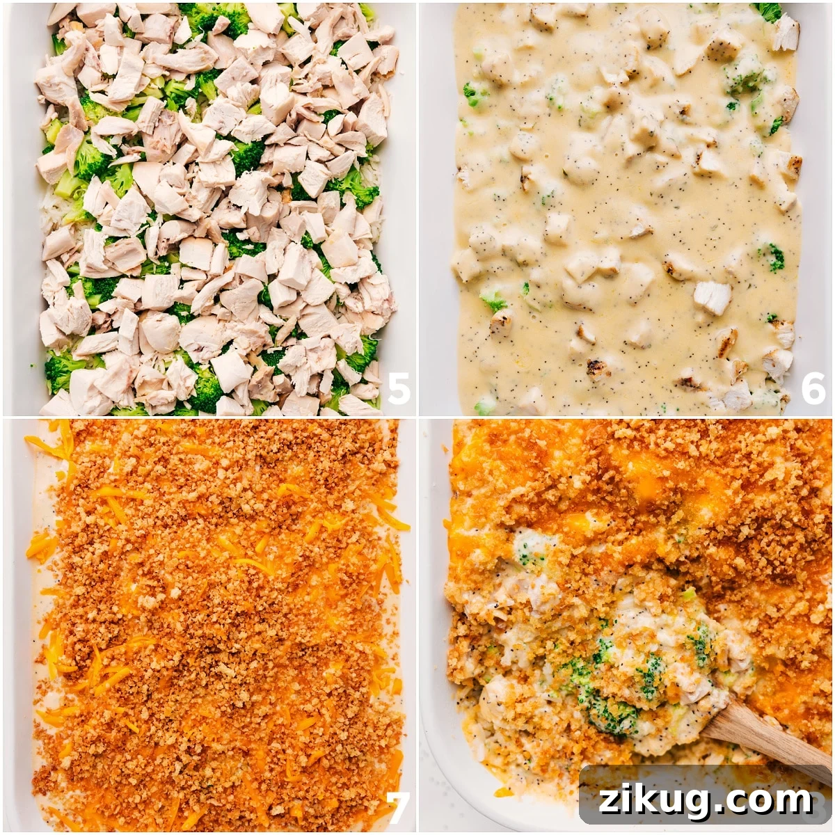 Panko Topped Poppy Seed Chicken Casserole Chicken and cream sauce added to the pan, topped with panko, and baked until golden for Poppy Seed Chicken Casserole.