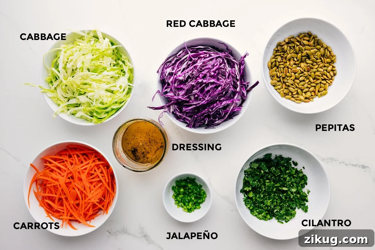 Ingredients In This Healthy Slaw Ingredients prepped for easy assembly, including green and red cabbage, carrots, jalapeño, cilantro, pepitas, and dressing.