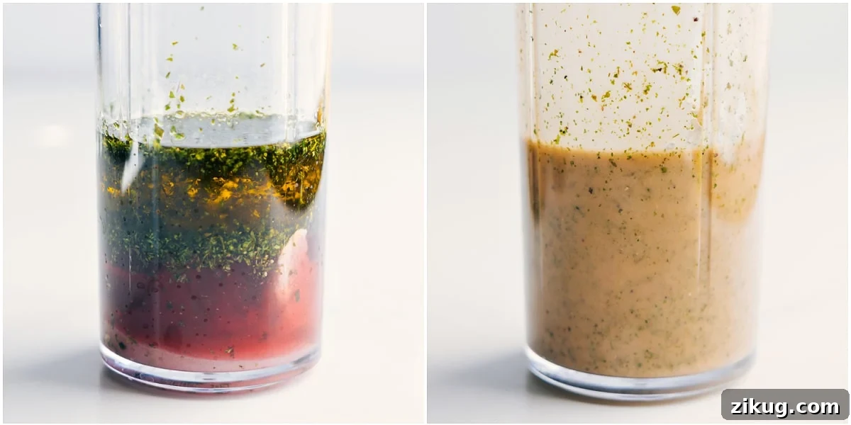 Making The Dressing For This Cobb Salad The dressing being blended in a small blender until combined.