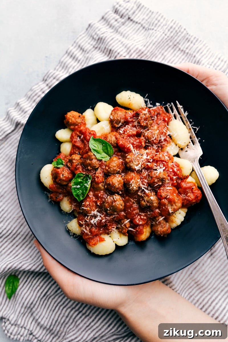 Sausage Gnocchi Italian recipes gnocchi with tender pasta, tomato sauce, and mini sausage meatballs.
