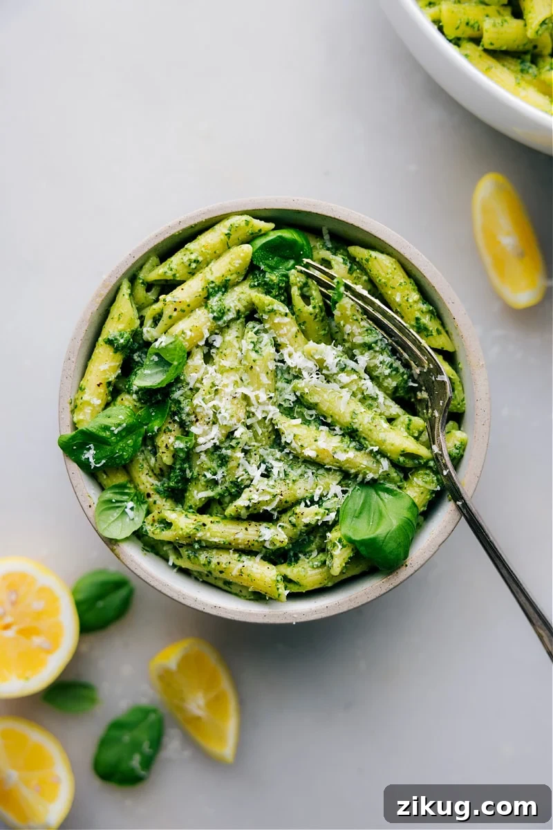 Pesto Pasta 20 minute pesto pasta recipe in a bowl.
