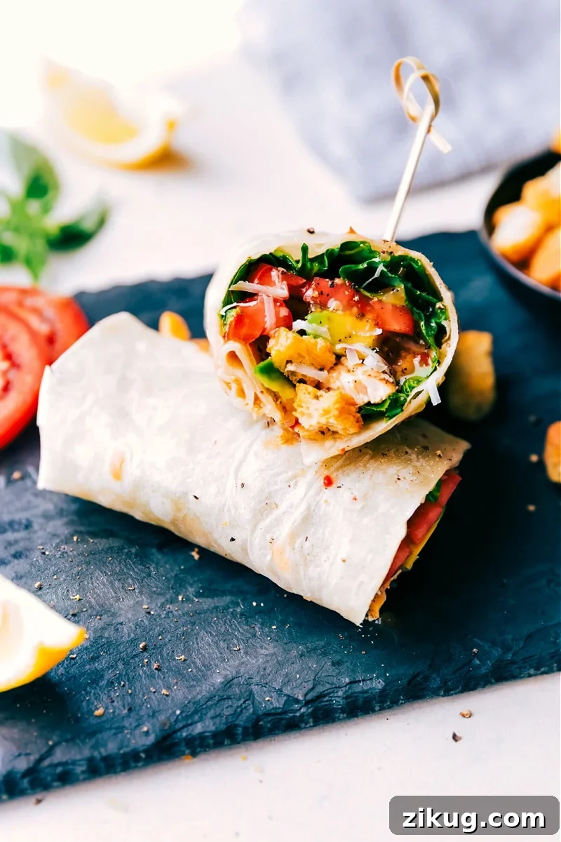 Italian Wraps Recipe Italian recipes wrap filled with chicken, lettuce, tomatoes, avocado, Parmesan, croutons, and dressing.