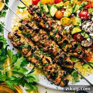 Greek Chicken Souvlaki with Tzatziki 3 Grilled chicken souvlaki skewers