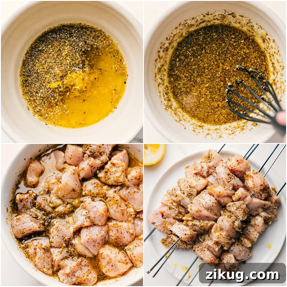 How To Make The Marinade For These Chicken Souvlaki Chicken Souvlaki marinade being whisked together, then chicken pieces threaded onto skewers.