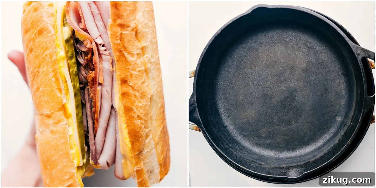 How To Make This Cuban Sandwich Recipe The sandwich being assembled and then pressed between two skillets to get the classic look and flavor.