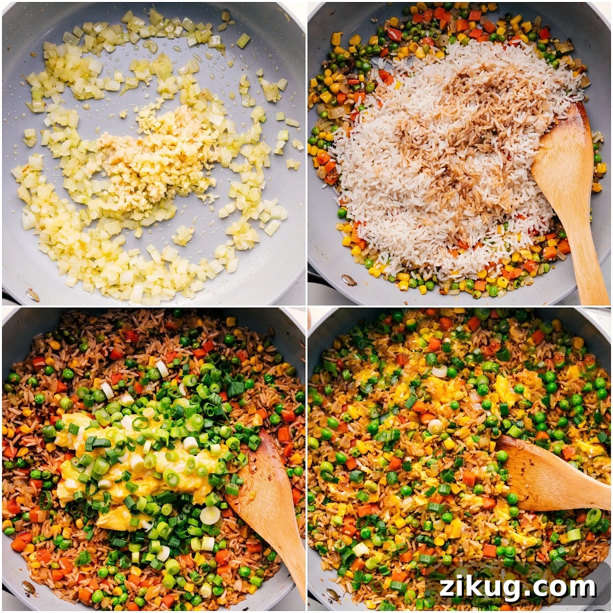 Making The Side Fried Rice For These Hibachi Steak Bowls Onion and garlic sautéed before adding rice, vegetables, eggs, and green onions to make the fried rice.