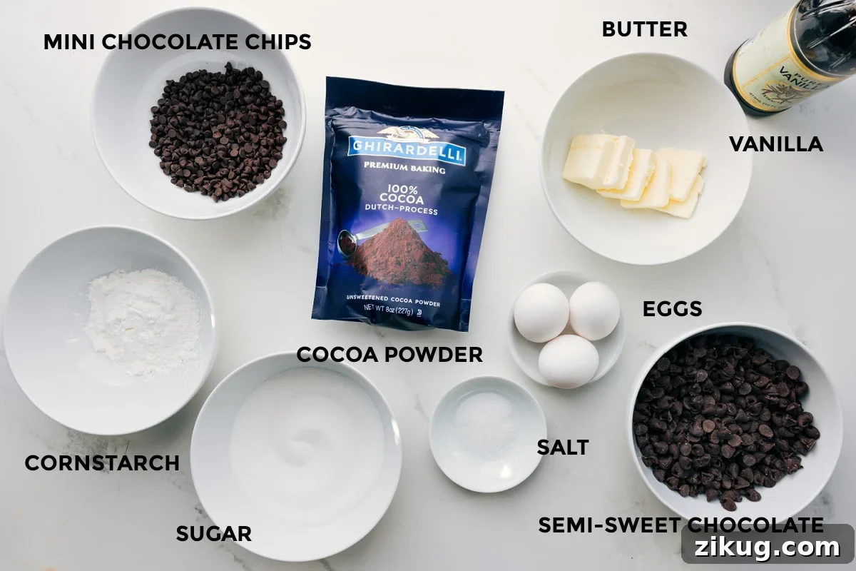 Fudgy Gluten-Free Brownies Recipe 4 Ingredients in this recipe prepped out for easy assembly including the chocolate chips, cornstarch, sugar, cocoa powder, salt, eggs, butter, and vanilla.