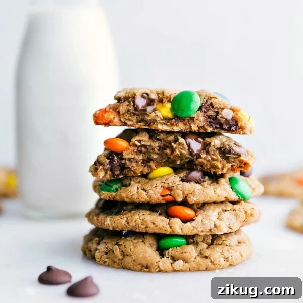 Fudgy Gluten-Free Brownies Recipe 8 Healthy Monster Cookies stacked on top of each other with one broken in half showing off the middle.
