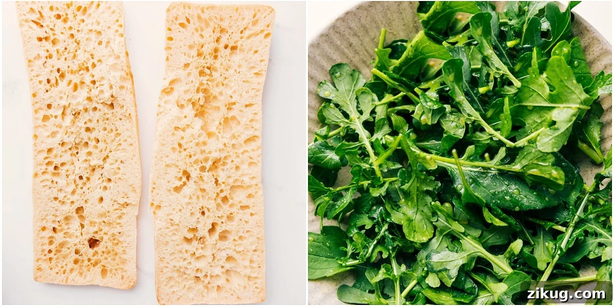 How To Make This Ciabatta Sandwich Ciabatta bread being toasted while the greens are tossed with a quick dressing for the sandwich.