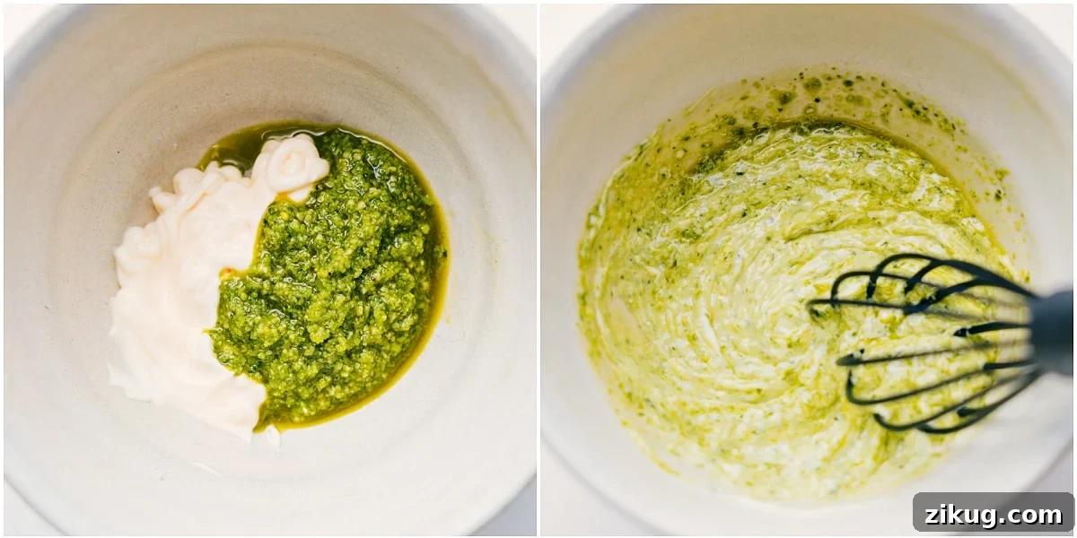 Pesto Sauce Being Whisked Together The pesto and mayo spread being whisked together for this sandwich.