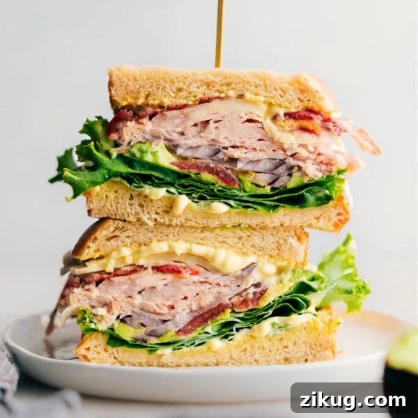 Classic Ciabatta Sandwich Recipe for Flavorful Lunch 5 A thick and flavor-packed turkey bacon avocado sandwich made with delicious Thanksgiving leftovers, fresh vegetables, and a savory sauce.