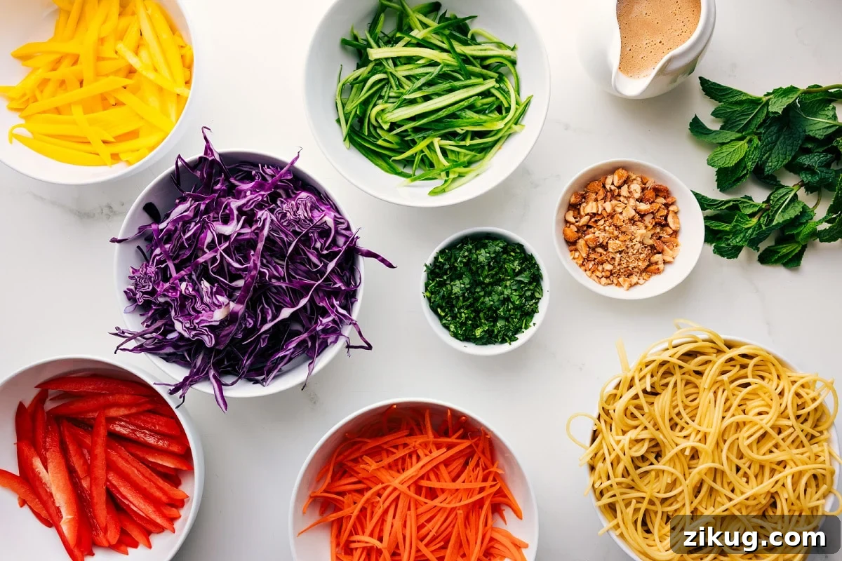 Fresh Vietnamese Spring Roll Salad with Peanut Dressing 4 All the ingredients in this recipe prepped out for easy assembly including the peppers, cabbage, carrots, pasta, peanuts, dressing, herbs, and cucumbers.