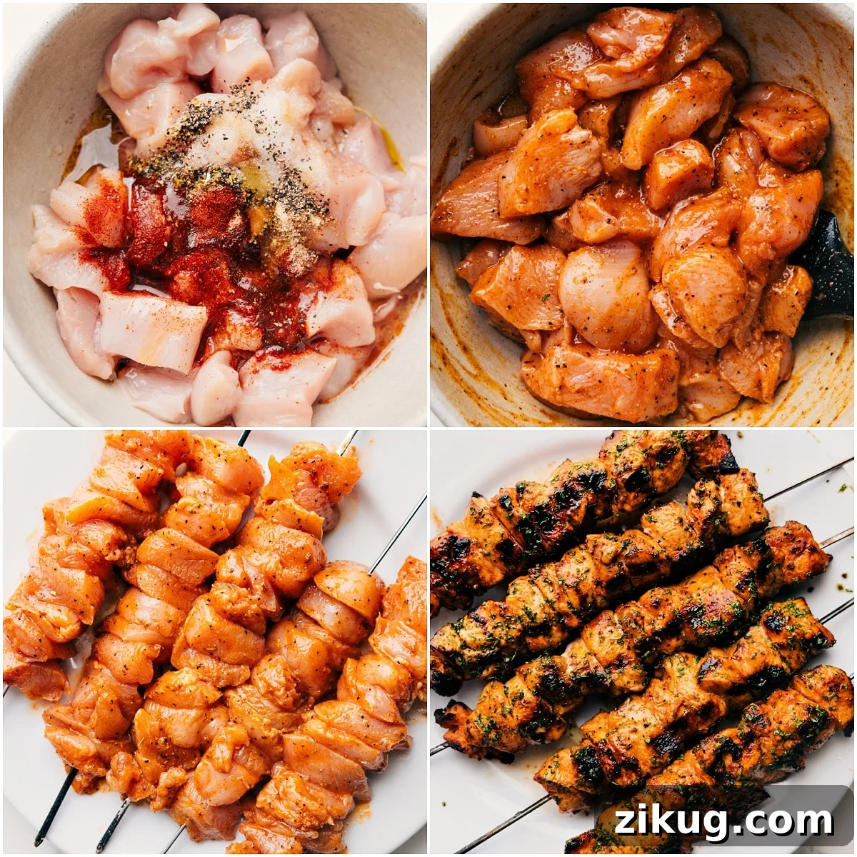 Juicy Grilled Chicken Skewers with Garlic and Lemon 5 Grilled chicken skewers made with seasoned, oil-coated chicken pieces threaded onto skewers and cooked until lightly charred and juicy.