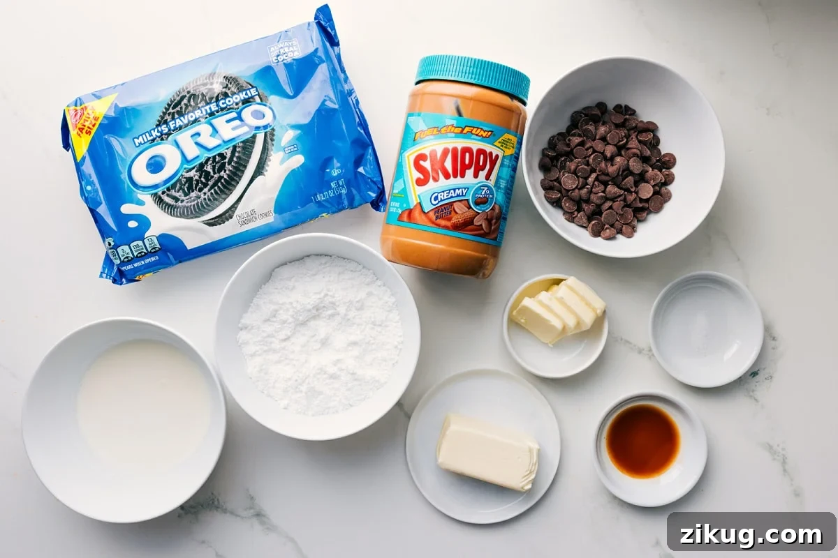 Ingredients In Chocolate Peanut Butter Pie Recipe All the ingredients in this recipe prepped out for easy assembly including the Oreos, cream, butter, salt, creamy peanut butter, powdered sugar, and vanilla.