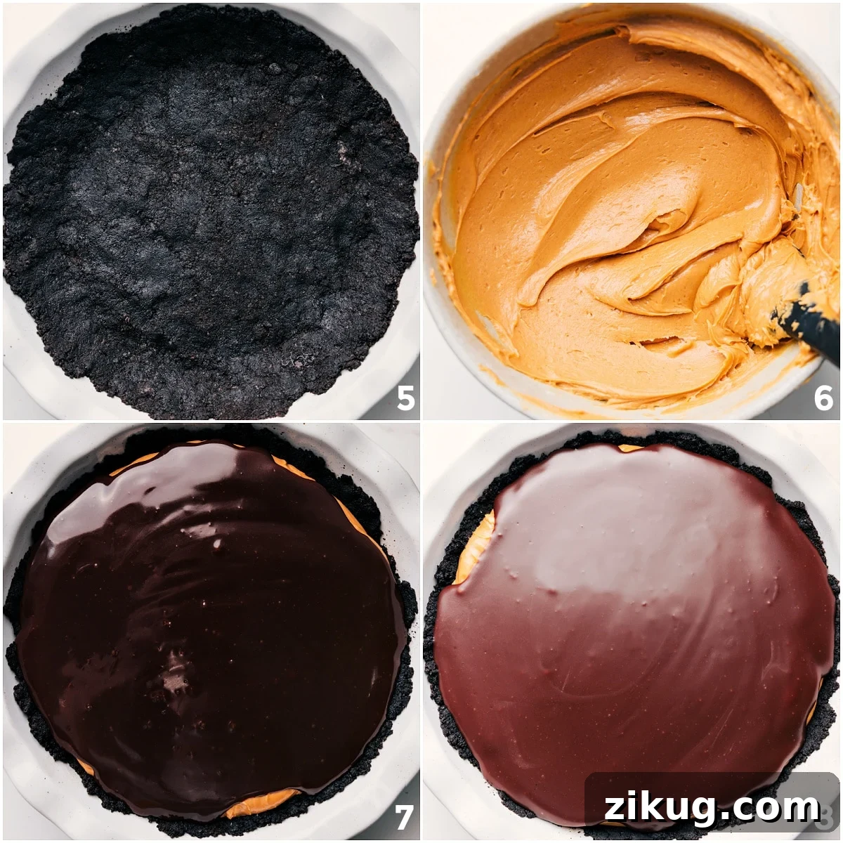 Adding All The Layers To Make This Delicious Chocolate Peanut Butter Pie Recipe Assembling the pie by adding the crust, peanut butter layer, and chocolate topping.