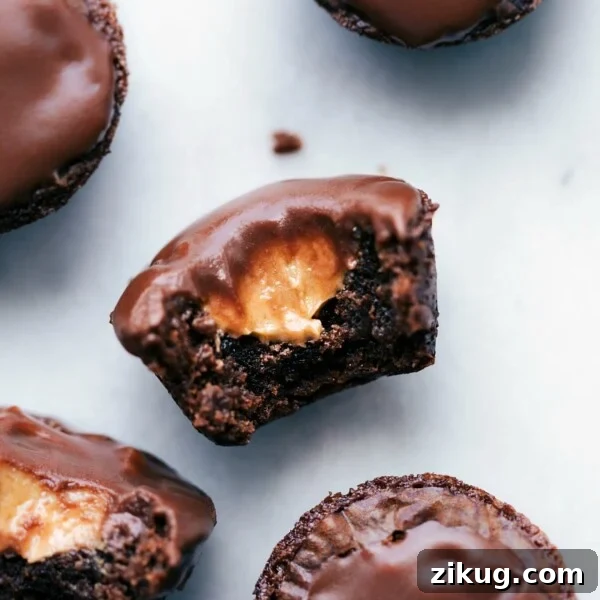 Classic Chocolate Peanut Butter Pie Recipe 4 Peanut butter brownie bites with a bite taken out, revealing a melting peanut butter center.