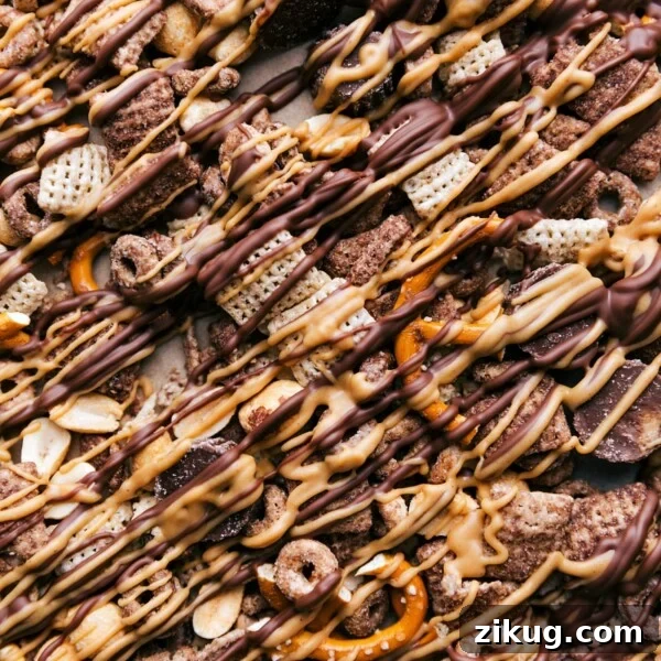 Classic Chocolate Peanut Butter Pie Recipe 5 Finished chex mix chocolate peanut butter snack mix, packed with delicious ingredients, ready for enjoyment.