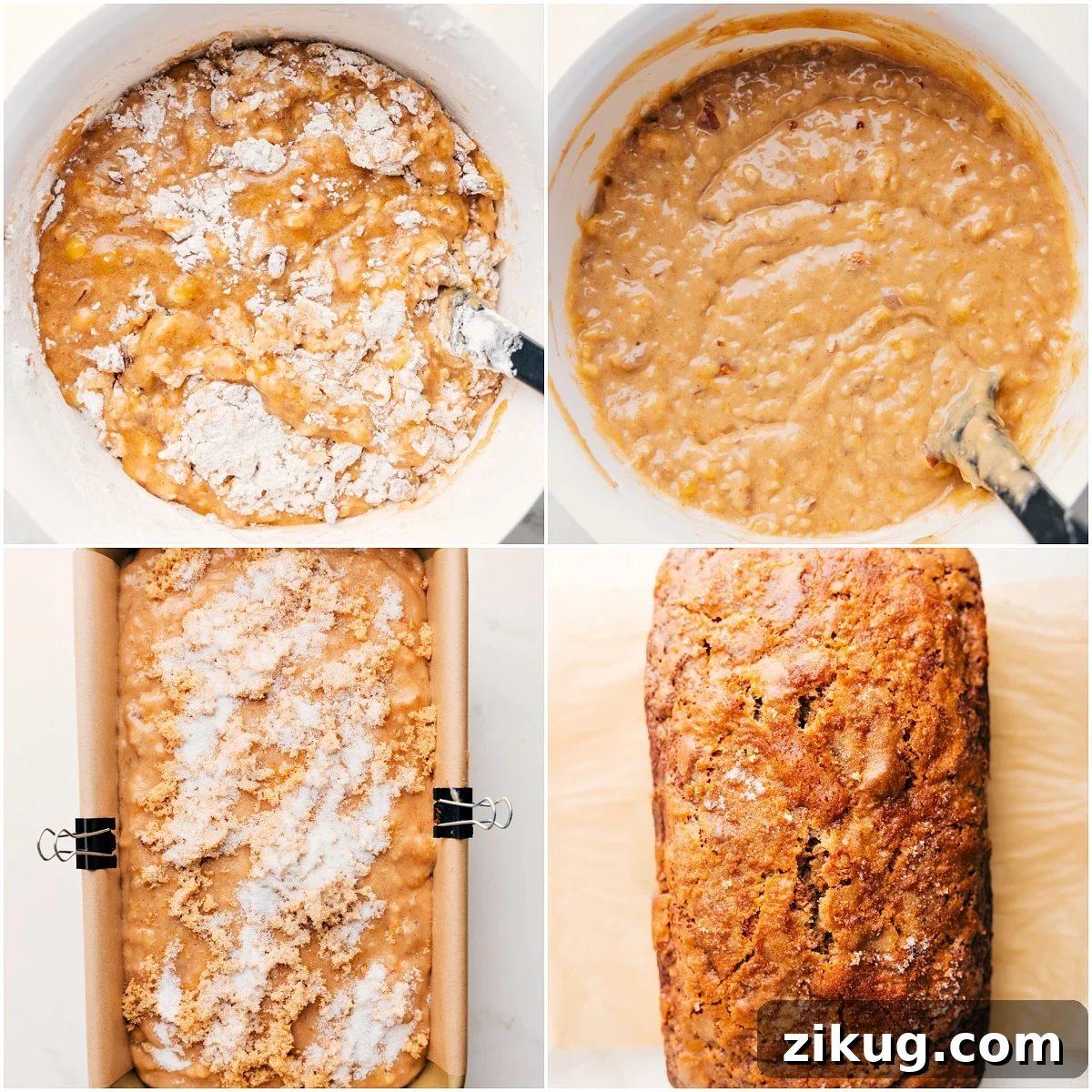 Baking Up The Banana Nut Bread Recipe Dry ingredients mixed into wet ingredients for this banana nut bread recipe.