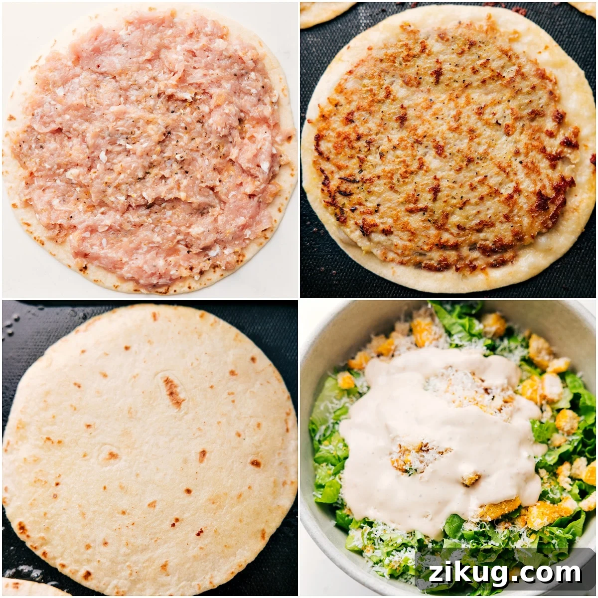 Chicken Caesar Smashed Tacos with Creamy Dressing 5 Smashing the seasoned chicken onto tortillas, cooking until golden, and tossing Caesar salad for Chicken Caesar Smashed Tacos.