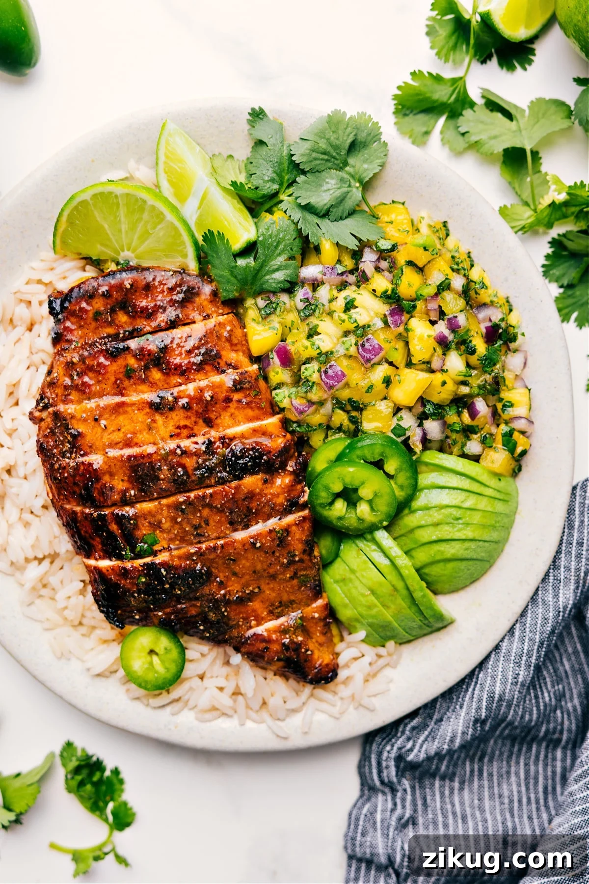 Pineapple Chicken And Rice Pineapple chicken and rice topped with fresh pineapple salsa.