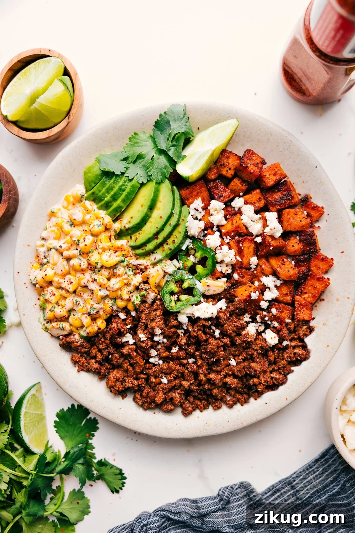 Street Corn Beef Bowls Street corn beef bowls with avocado and sweet potatoes, one of the Best Recipes for Meal Prep.