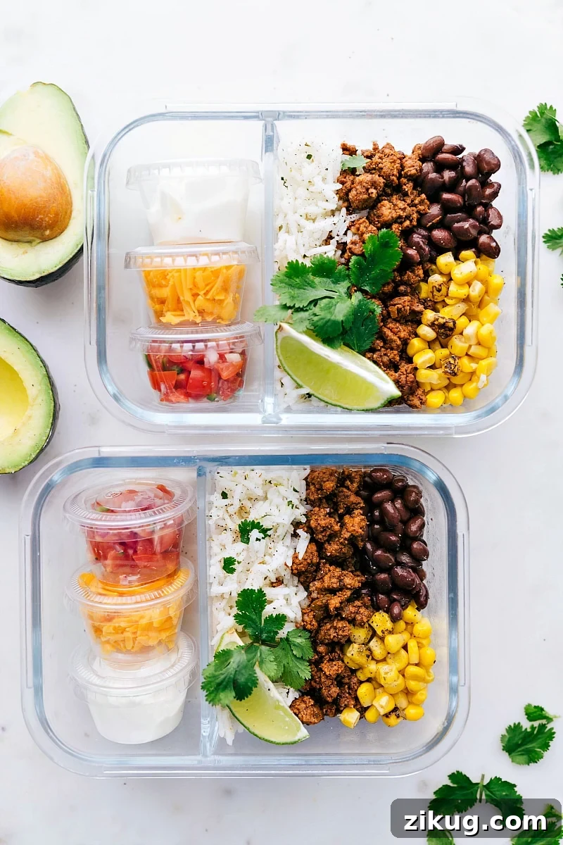 Meal Prep Taco Bowls Healthy taco bowls, one of the Best Recipes for Meal Prep, packed in glass containers.