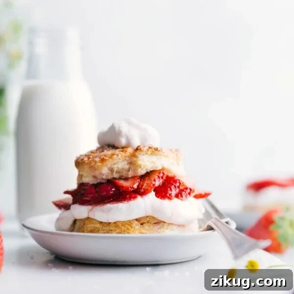 Fresh Peach Pie with Flaky Buttery Crust 6 Strawberry Shortcake served with a generous dollop of whipped cream on top, accompanied by a fork on the side of the plate, ready to be enjoyed.