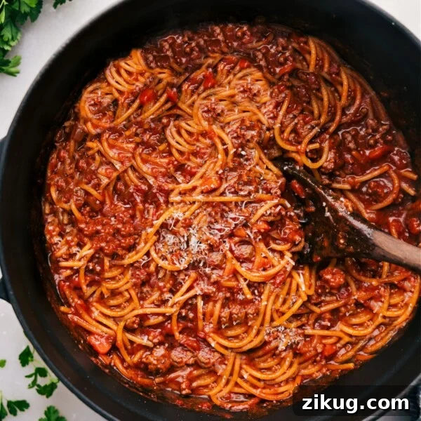 One Pot Spaghetti freshly cooked in the pot.