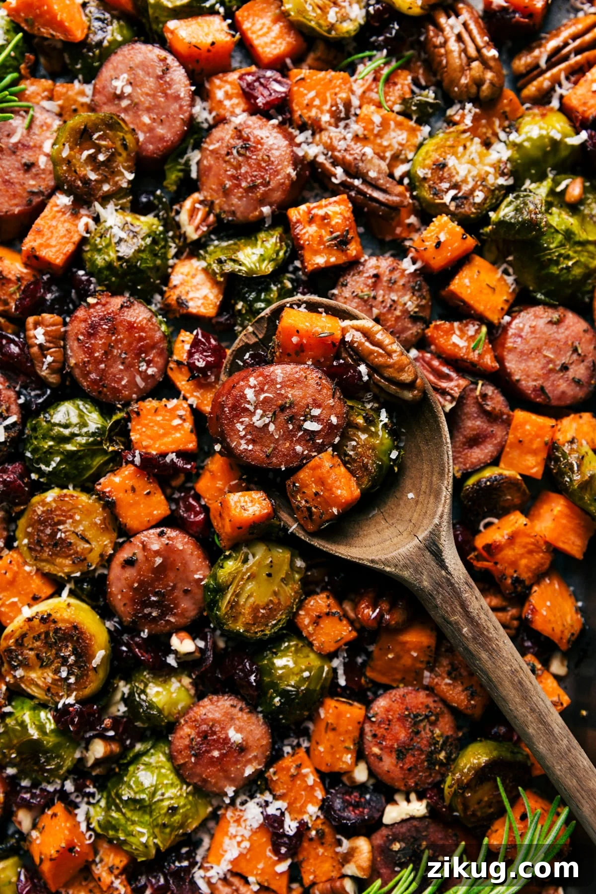 Middle Eastern Ground Beef Bowls Roasted sausage and fall vegetables topped with dried cranberries and pecans.