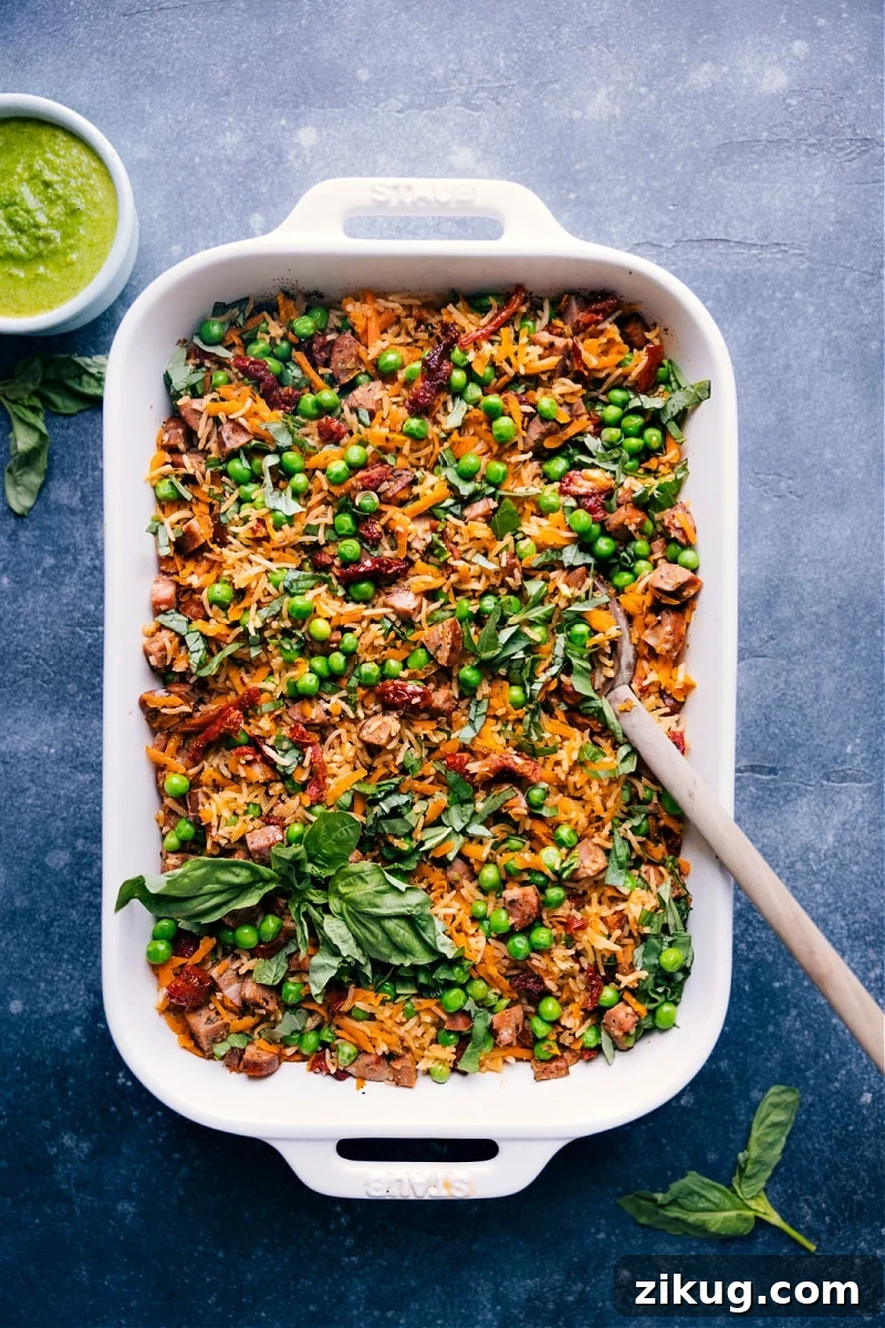 Greek Meatballs Recipe Pesto rice with smoked chicken sausage, vegetables, and fresh basil.
