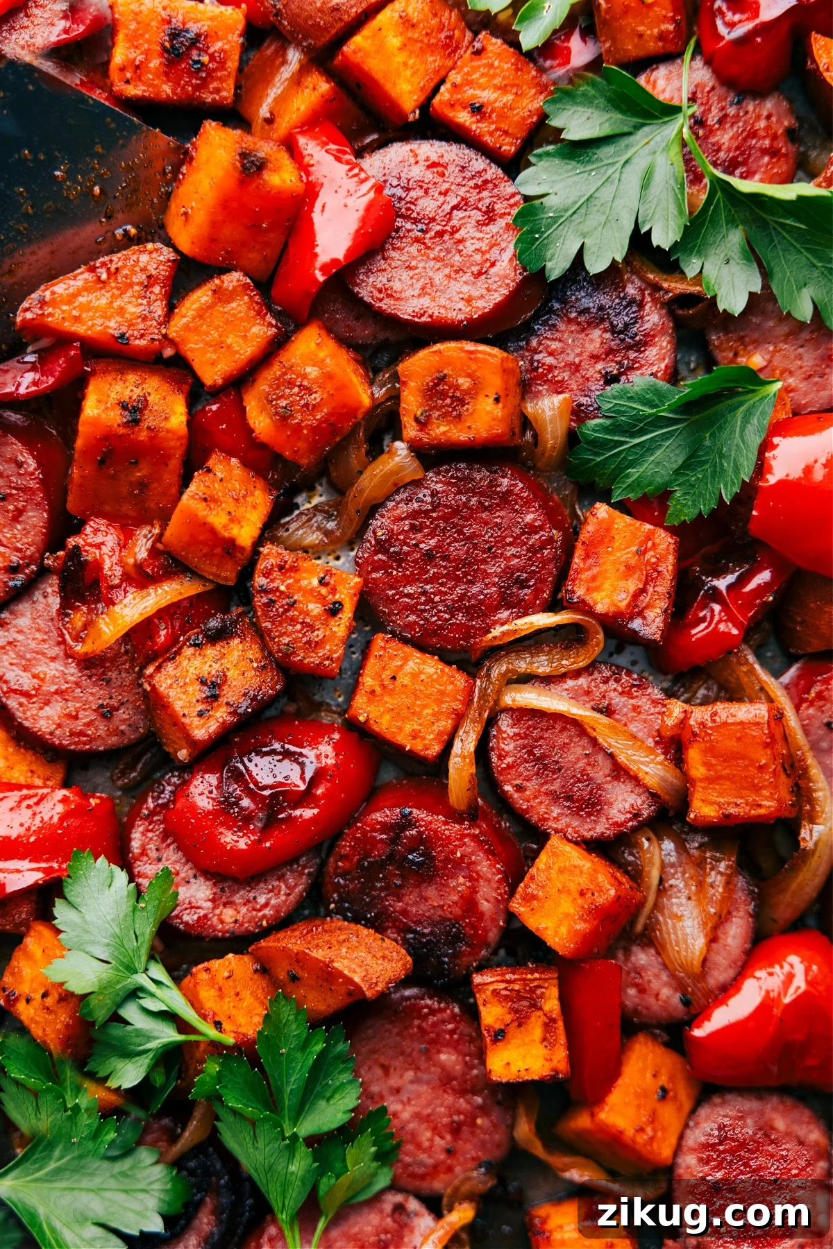 Street Corn Beef Bowls Roasted sweet potatoes, sausage, and vegetables make a flavorful healthy one pan meal.