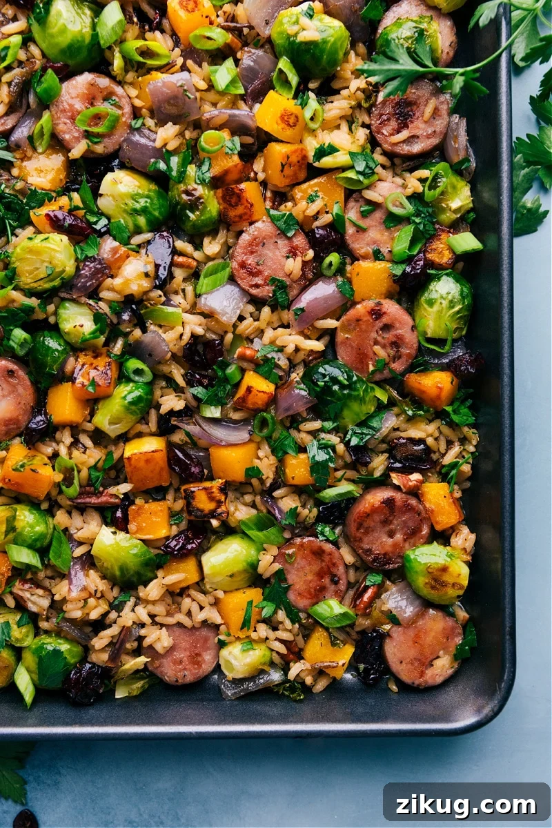 Bell Pepper Nachos Recipe Wild rice pilaf with butternut squash, Brussels sprouts, chicken sausage, cranberries, and pecans.