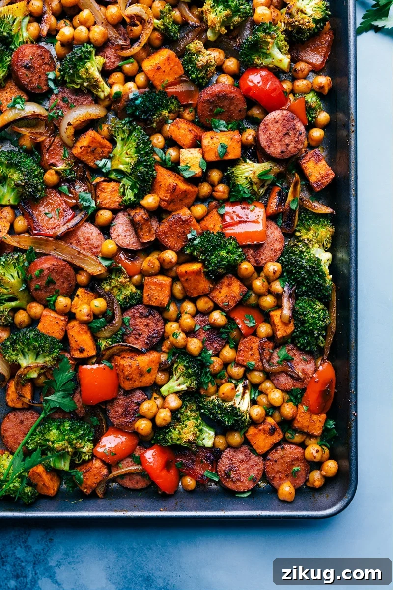 Low-Carb Burger Bowl Recipes Sheet pan sausage and chickpeas with sweet potatoes, broccoli, and peppers.