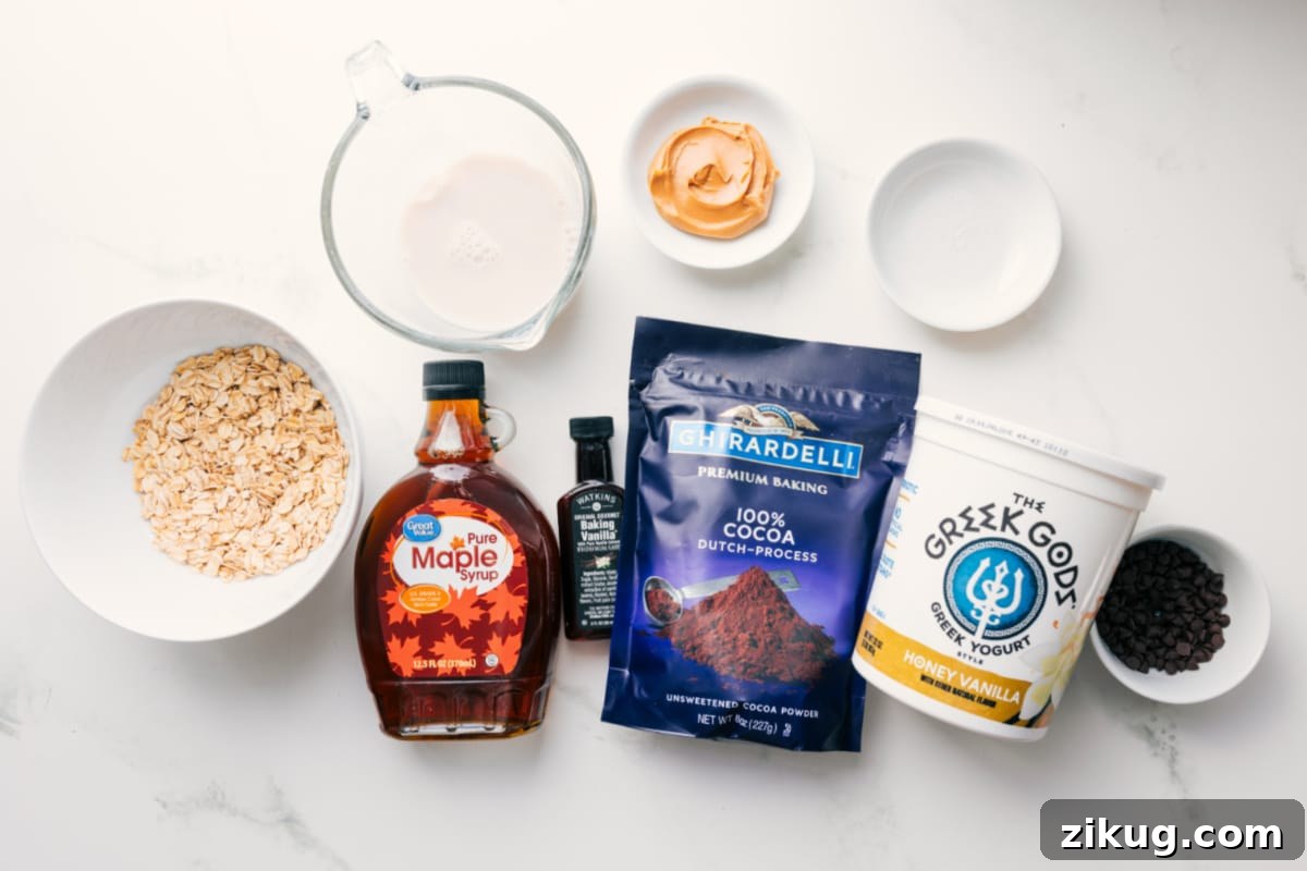 Special Dark Cocoa Powder for Breakfast Recipe All the ingredients in this recipe prepped out for easy assembly including the oats, milk, maple syrup, cocoa powder, vanilla, yogurt, chocolate chips, peanut butter, and salt.