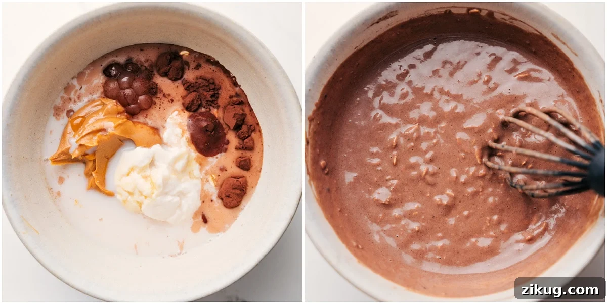 Preparing Peanut Butter Overnight Oats: Mixing Ingredients and Transferring to Jar for Chilling All the ingredients for this Peanut Butter Overnight Oats recipe whisked together in a bowl.