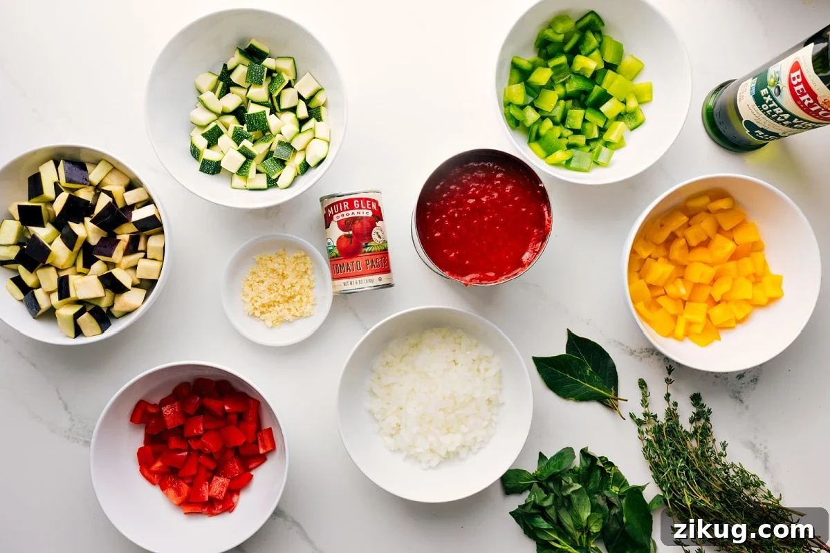Authentic Ratatouille Soup Recipe 4 All the ingredients in this recipe prepped out for easy assembly including the veggies, tomatoes, oil, garlic, tomato paste, and fresh herbs.