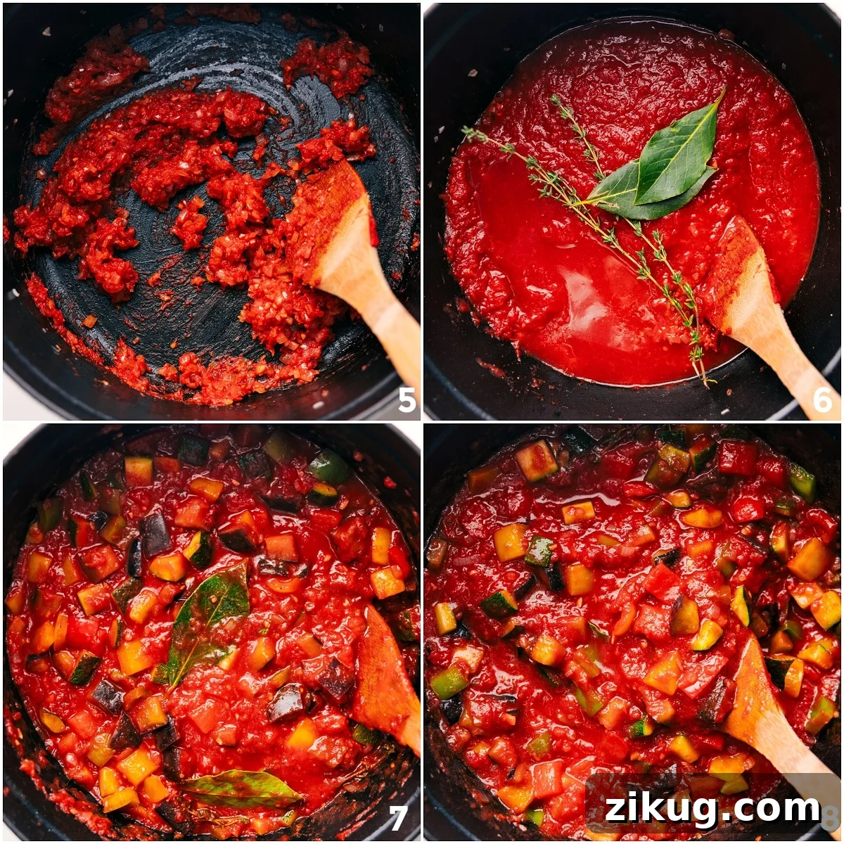 Authentic Ratatouille Soup Recipe 7 Sautéing the onions with tomato paste, then adding crushed tomatoes, vegetables, and fresh herbs for Ratatouille Soup.