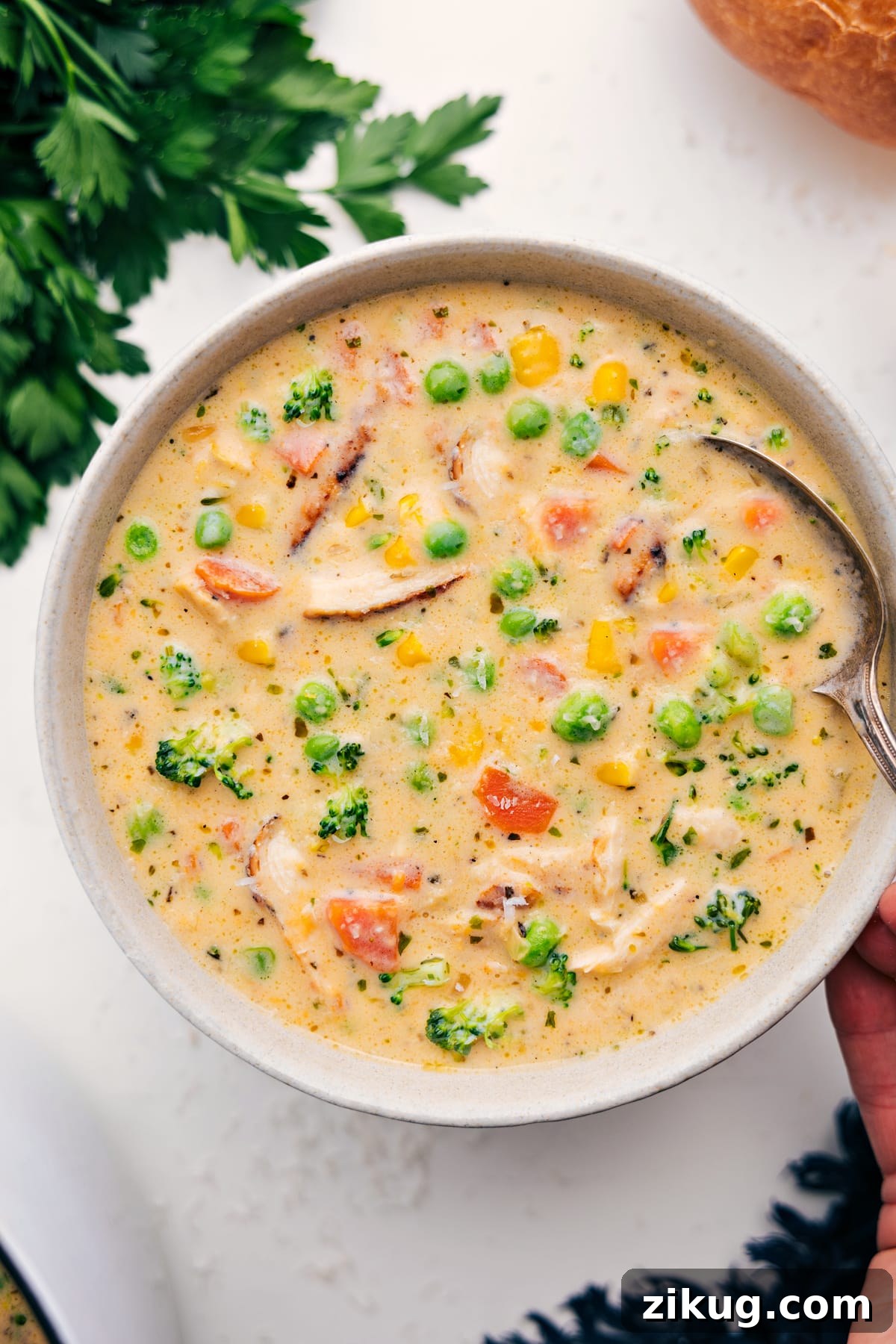 Creamy Chicken Soup with Tender Shredded Chicken 2 Creamy Chicken Soup Recipe served in a bowl with a spoon, ready to enjoy.