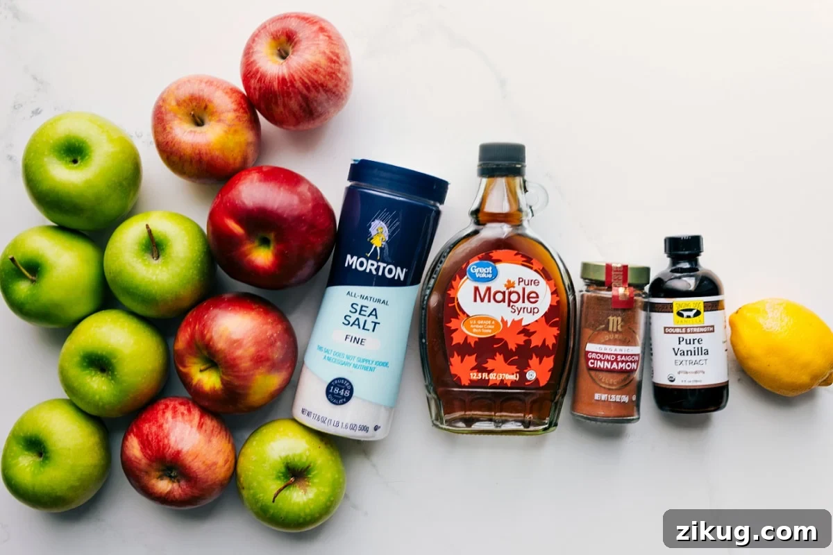 Homemade Applesauce Recipe: Stovetop or Slow Cooker Options 4 All the ingredients in this recipe prepped out for easy assembly including the apples, salt, maple syrup, cinnamon, vanilla, and lemon.
