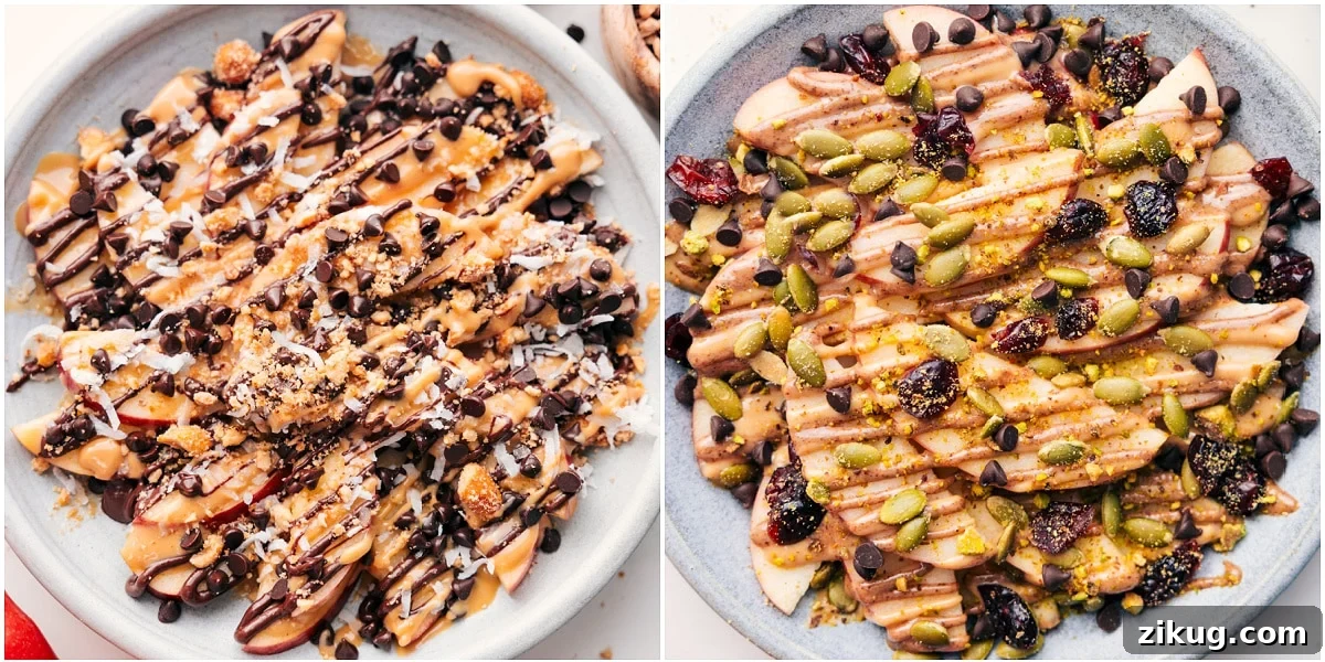 Cinnamon Apple Nachos with Caramel Drizzle 6 Two topping options: chocolate and caramel, or almond butter, pepitas, and chocolate chips.
