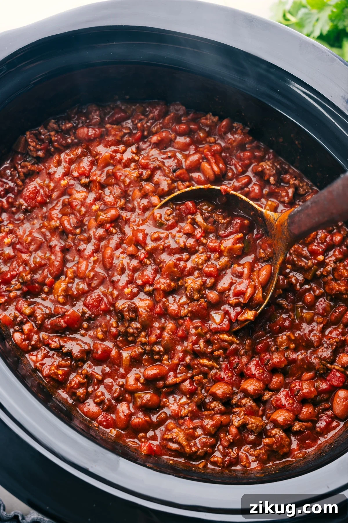 30-Minute Ground Beef Lettuce Wraps Crockpot chili still in the slow cooker ready to be served and enjoyed.