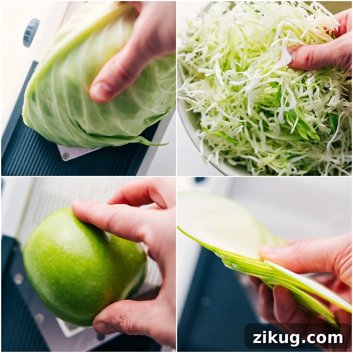 Crisp Apple and Fennel Slaw with Lemon Dijon Dressing 5 Thinly slicing the cabbage and apples for this apple fennel slaw.