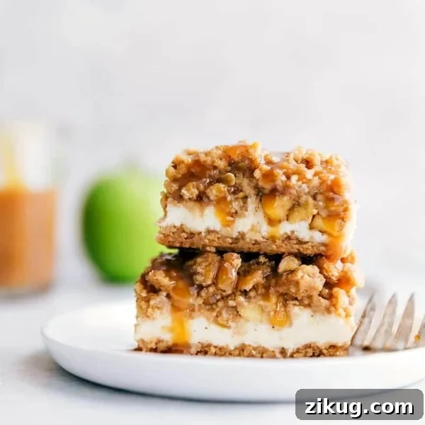 Crisp Apple and Fennel Slaw with Lemon Dijon Dressing 7 A stack of caramel apple cheesecake bars with mouth-watering layers.